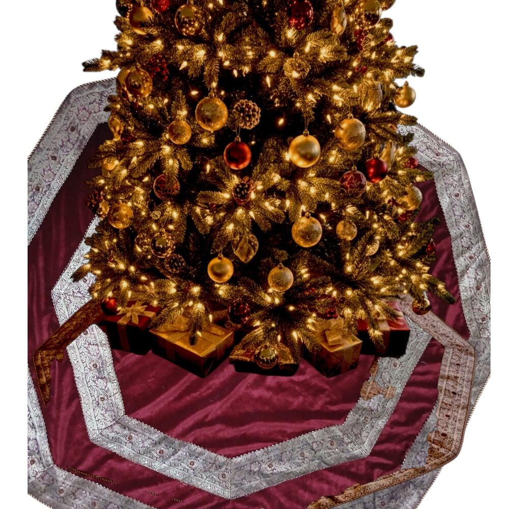 Vintage Velvet Red Christmas Tree Skirt 54" Golden Brocade Gold Rope Trim Beaded